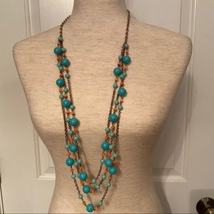 J. CREW NECKLACE GOLD CHAIN 3 LONG STRANDS BLUE ORANGE BEADS